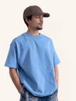 Velentia summer sky blue motorsport T-shirt front view with relaxed boxy fit on model