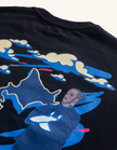 Close-up of Velentia black Tokyo T-shirt showing detailed motorsport inspired graphic print