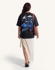 Velentia black Tokyo motorsport graphic T-shirt back view with oversized boxy fit and detailed artwork
