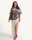 Model wearing Velentia charcoal grey Monza September graphic T-shirt with relaxed oversized fit