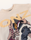 Close-up of Velentia cream Monza September T-shirt showing detailed motorsport inspired graphic print