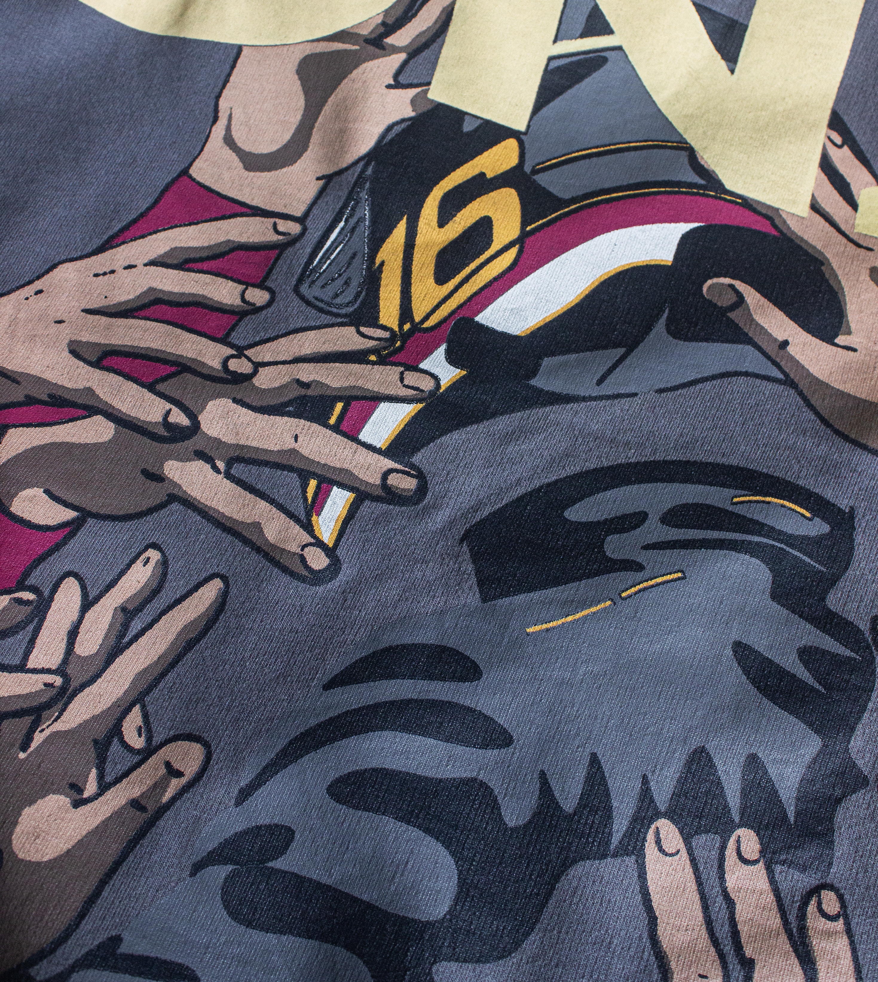Close-up of Velentia grey Monza September T-shirt showing detailed motorsport inspired graphic print