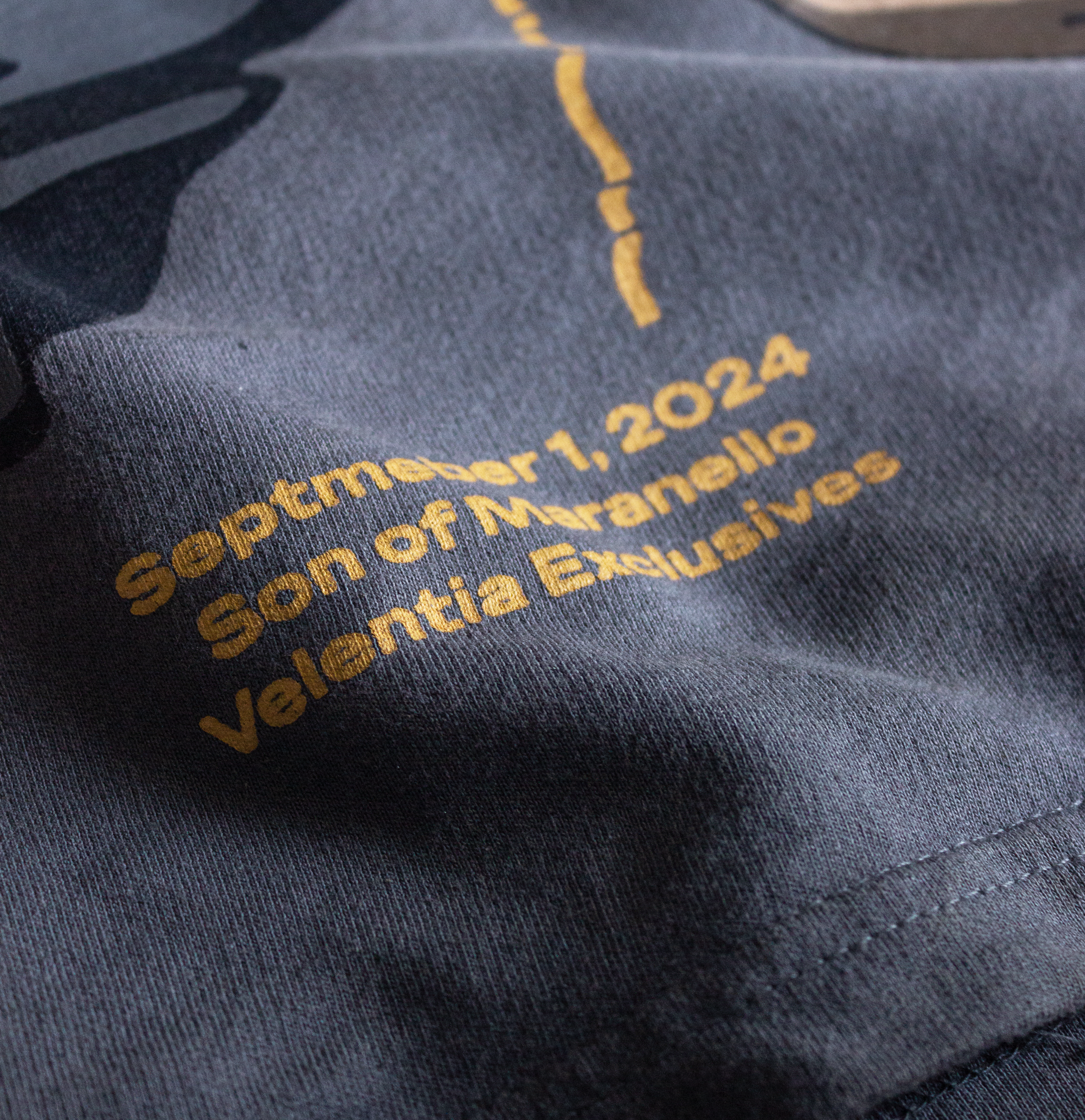 Close-up of Velentia grey Monza September T-shirt showing detailed motorsport inspired graphic print